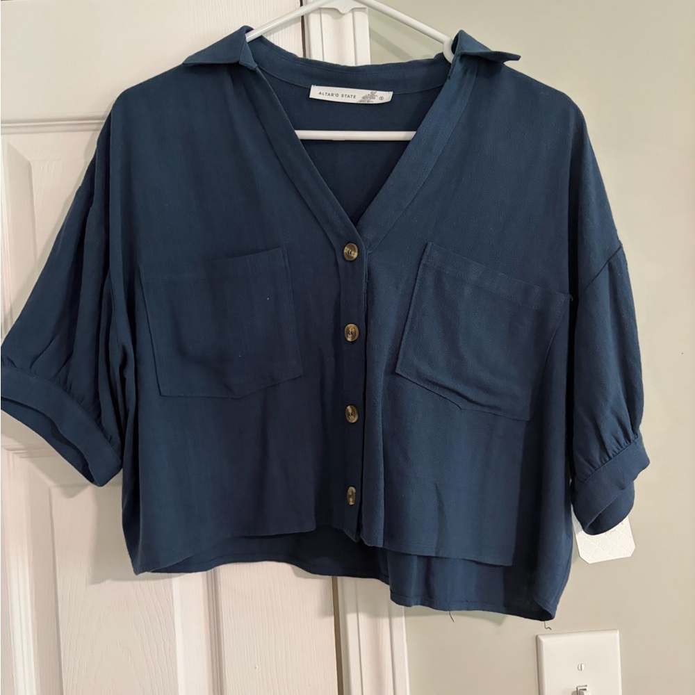 Altar'd State Navy Button-Front Crop Shirt